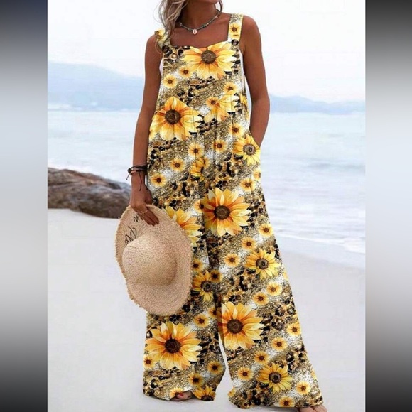 Boho Plus Size Floral Print Overall Wide Leg Jumpsuit - Picture 5 of 7